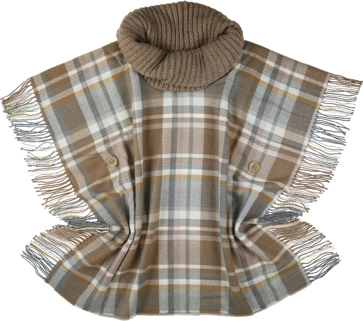 Tartan Cowl Neck Side Fringe Poncho