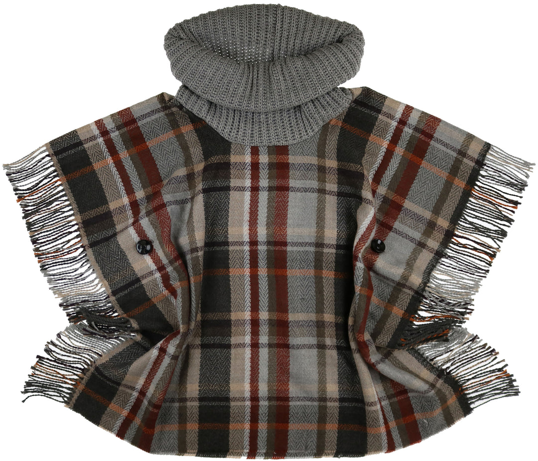 Tartan Cowl Neck Side Fringe Poncho