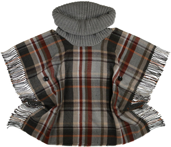Tartan Cowl Neck Side Fringe Poncho