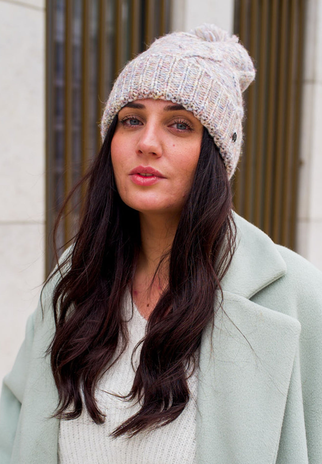 Mélange Cable Knit Cuff Beanie with Pompom