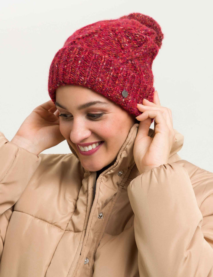 Mélange Cable Knit Cuff Beanie with Pompom