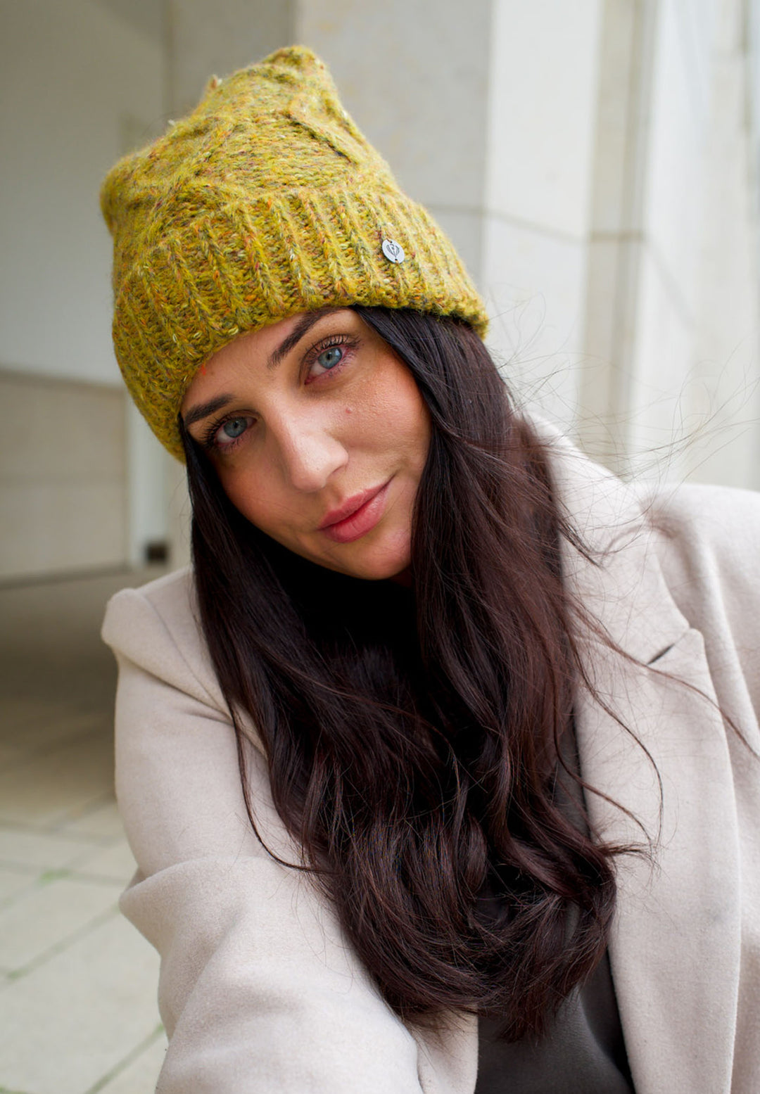 Mélange Cable Knit Cuff Beanie with Pompom