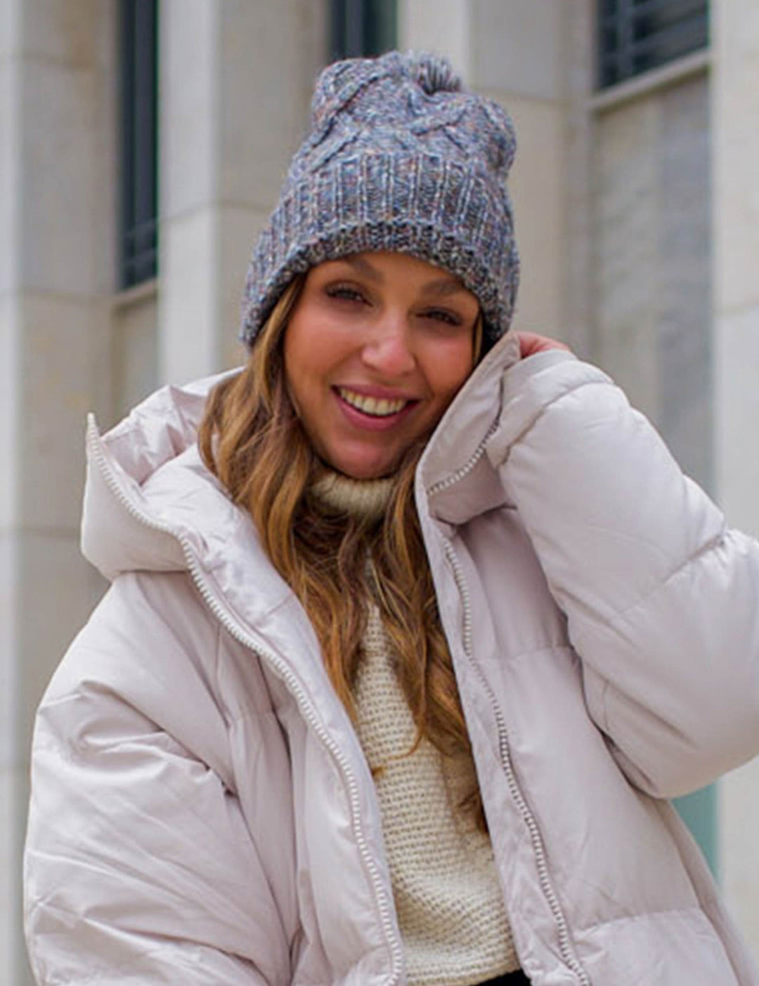 Mélange Cable Knit Cuff Beanie with Pompom